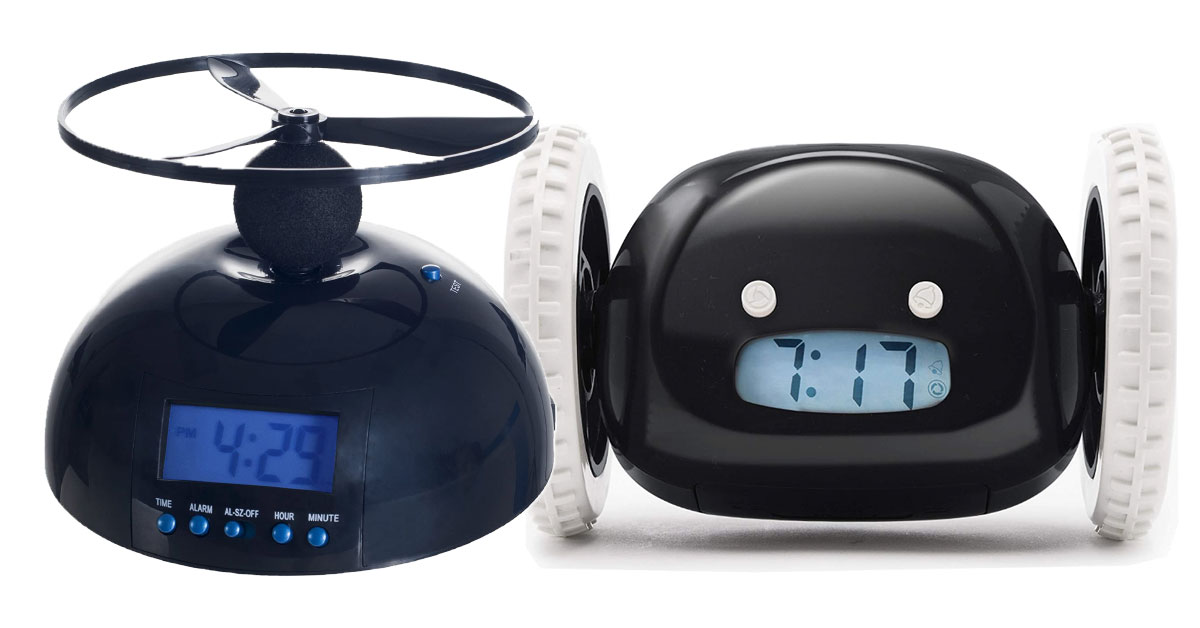 Flying alarm clock with a propeller and rolling alarm clock with wheels