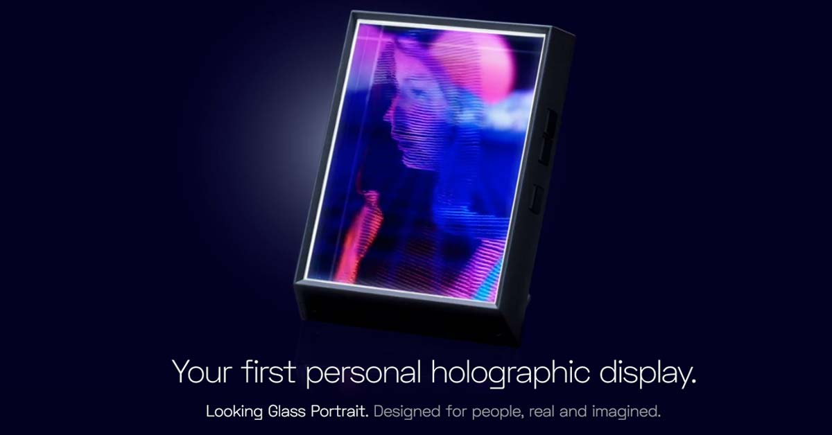 Looking Glass Portrait featuring a hologram of a woman's face and torso. Looking Glass Portrait is your first personal holographic display, designed for people, real and imagined.
