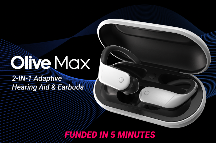 Olive Max adaptive hearing aid earphones were fully funded in under 5 minutes! When a crowdfunding project reaches its funding goal, that means it will be successfully shipped.