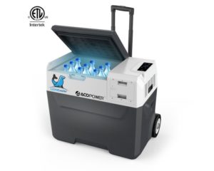 Aco Power LionCooler solar freezer keeping 52 quarts of bottled water ice cold and refreshing.