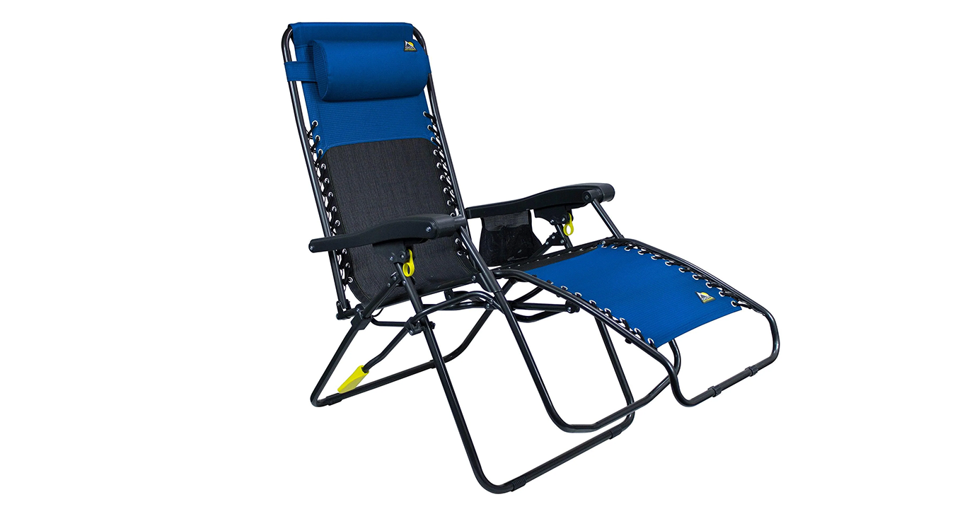 The GCI Outdoors Freeform Zero Gravity Lounger in its legs up position.