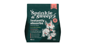 Sprinkle & Sweep bag with a cartoon dog sweeping up a mess with a broom and dustpan.