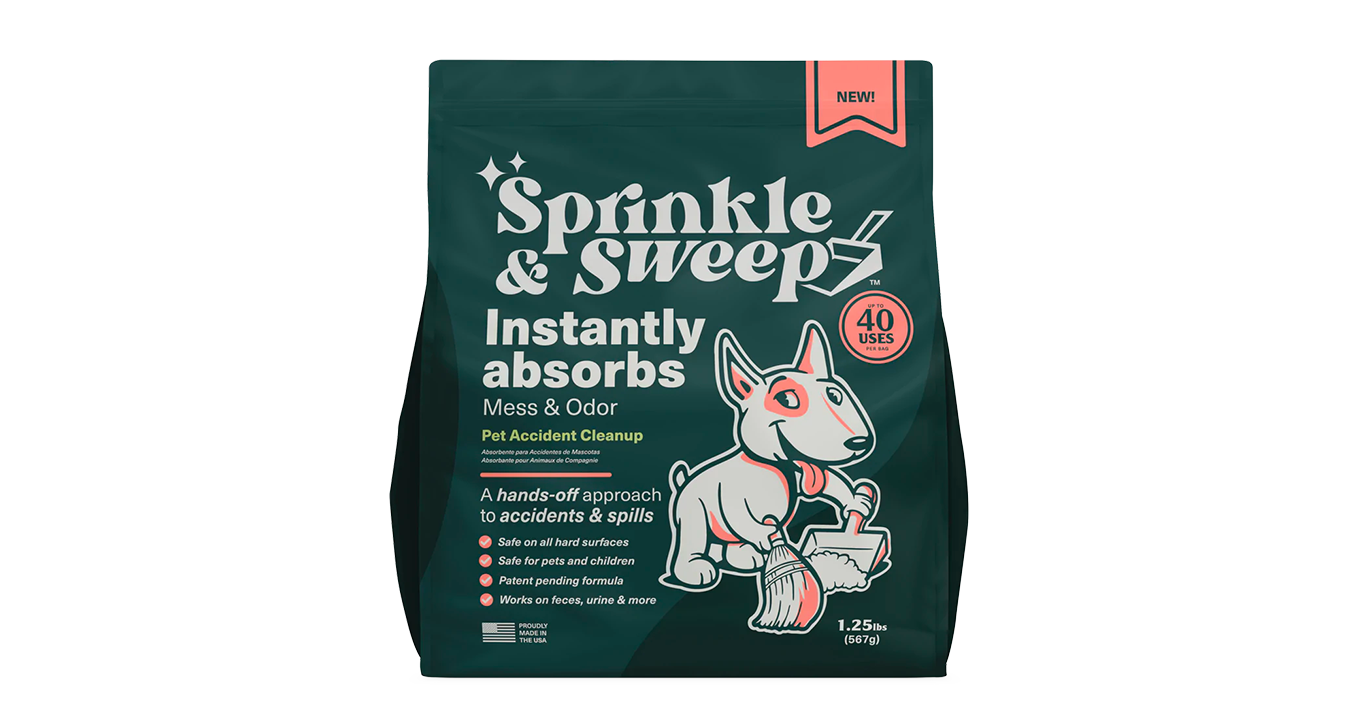 Sprinkle & Sweep bag with a cartoon dog sweeping up a mess with a broom and dustpan.