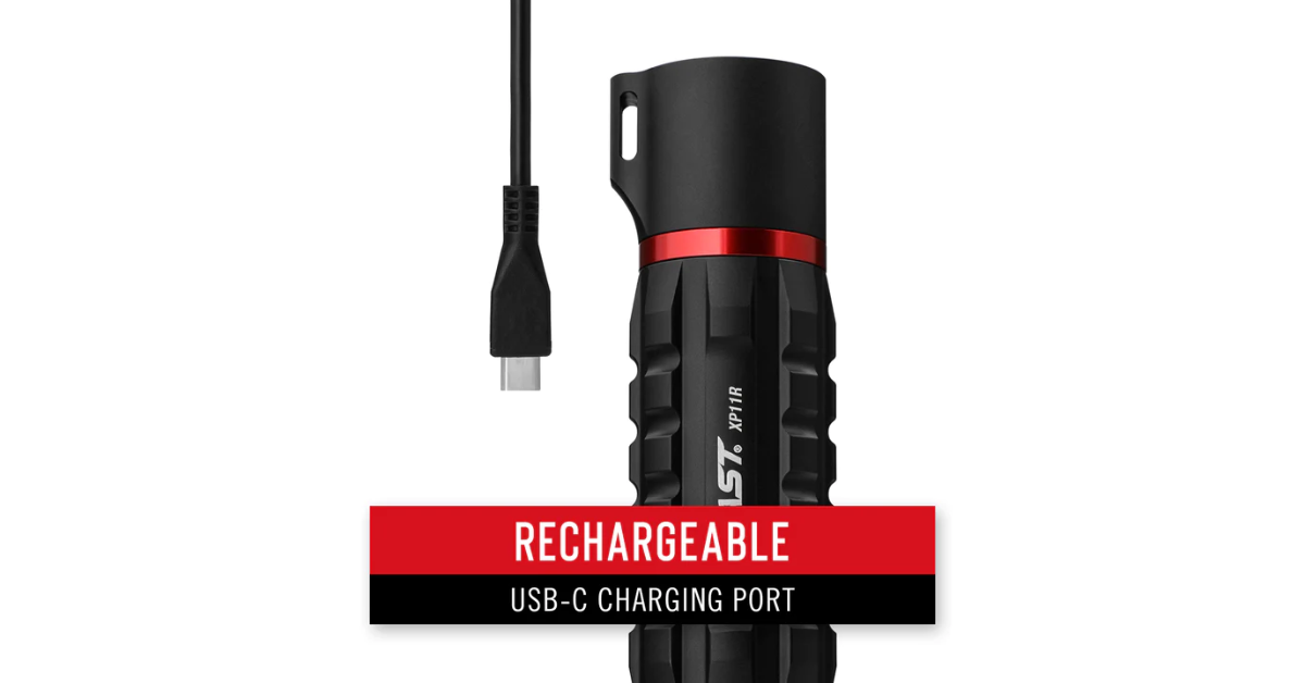 The COAST XP11R Rechargeable Flashlight with charging cable.