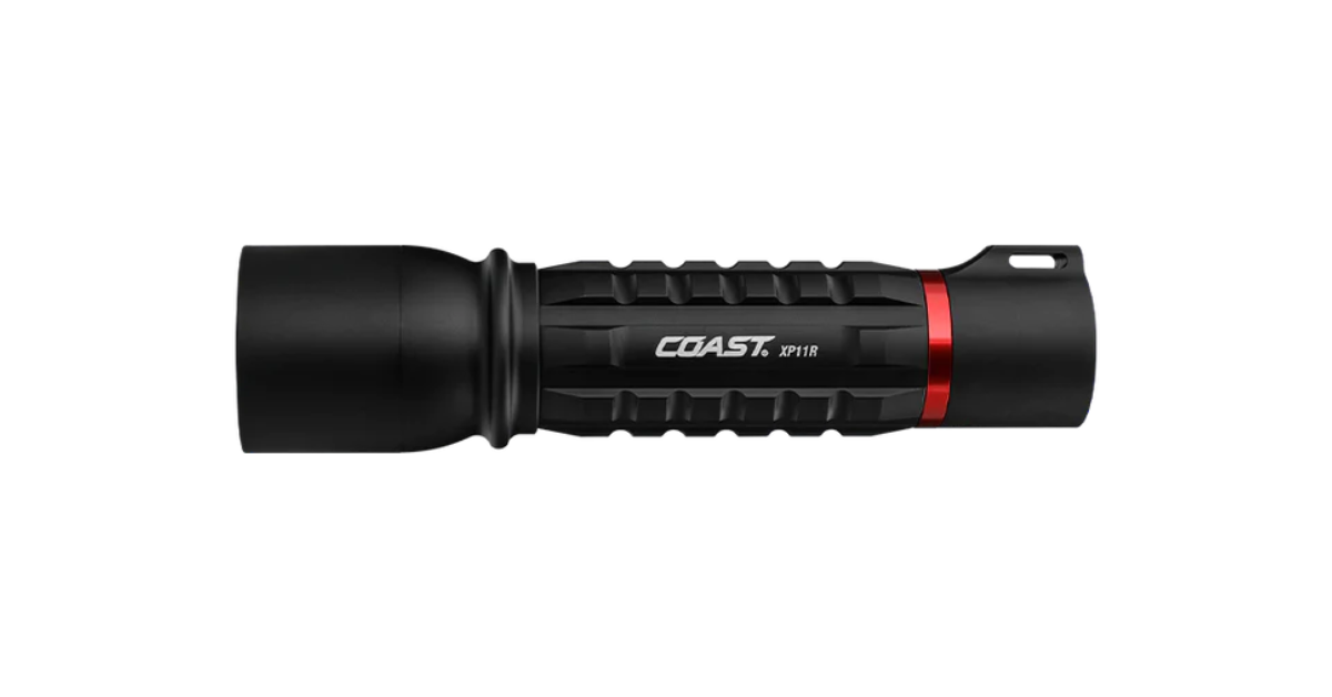 The COAST XP11R Rechargeable Flashlight ready to use.