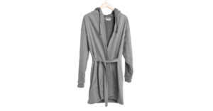 The DudeRobe Men's Luxury Bathrobe in light grey.