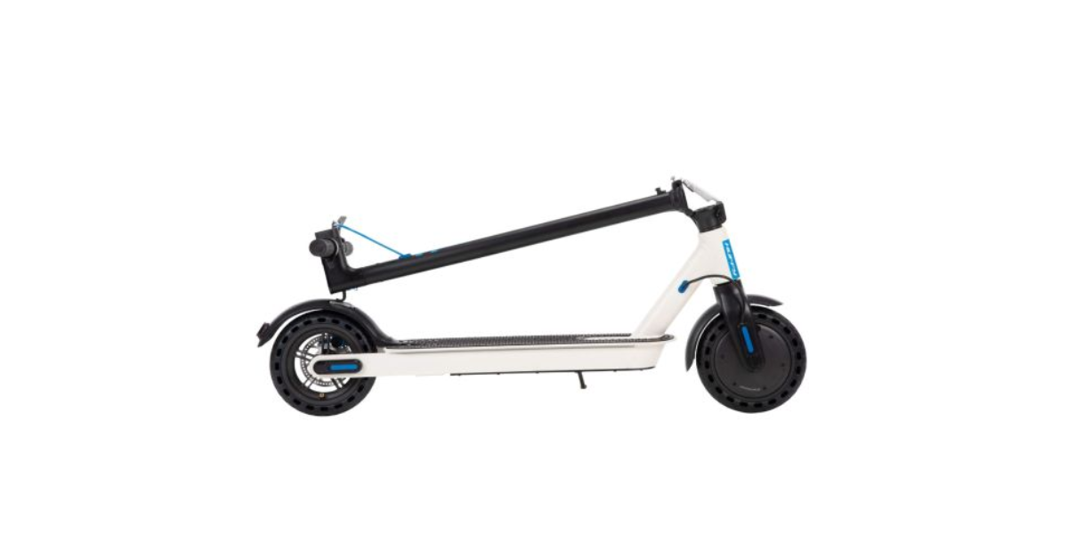 The H300 Electric Folding Kick Scooter from Huffy Bikes in its folded state.