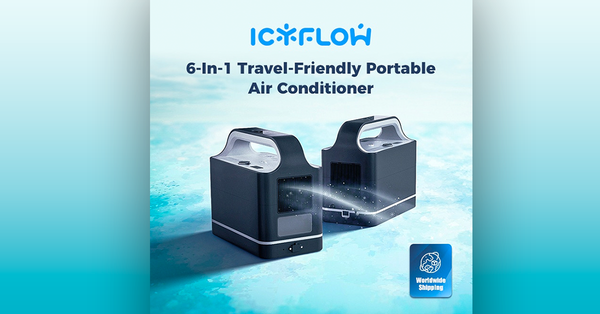 IcyFlow 6-in-1 travel-friendly portable air conditioner. Two product models pictured against an icy background. There is a badge in the lower right of the image that says "worldwide shipping."