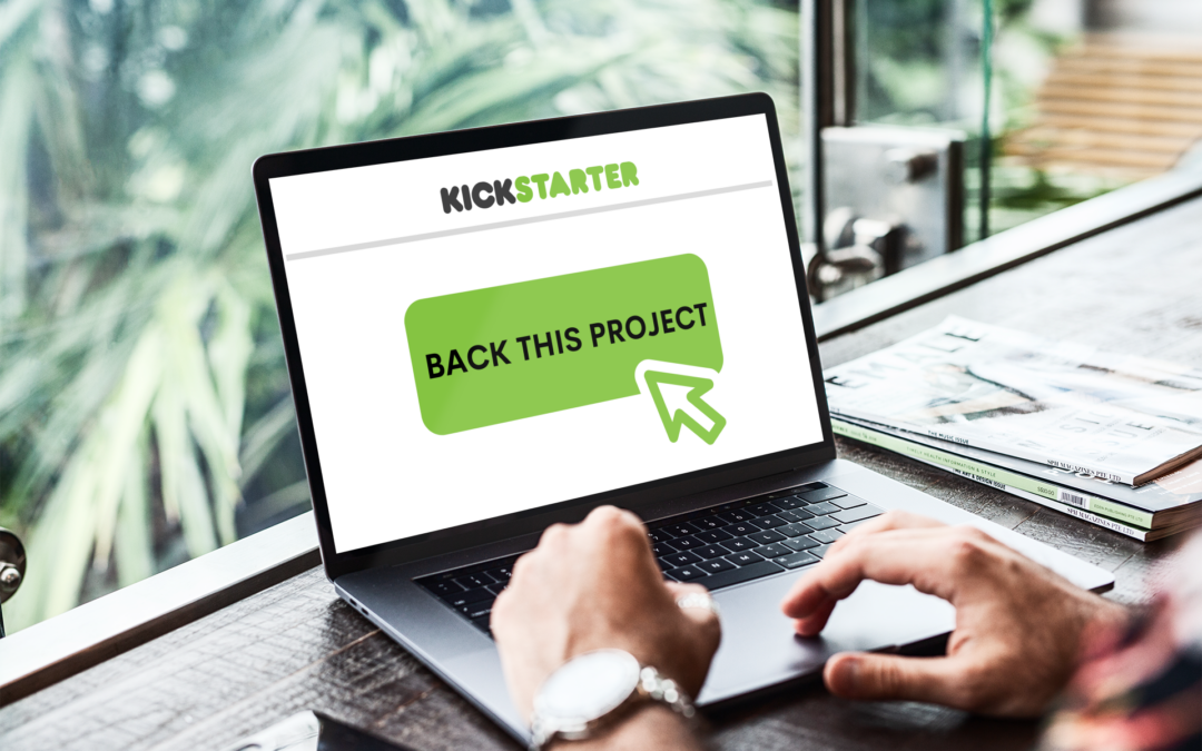 Person using a laptop selected a crowdfunding campaign on Kickstarter to back in February 2023
