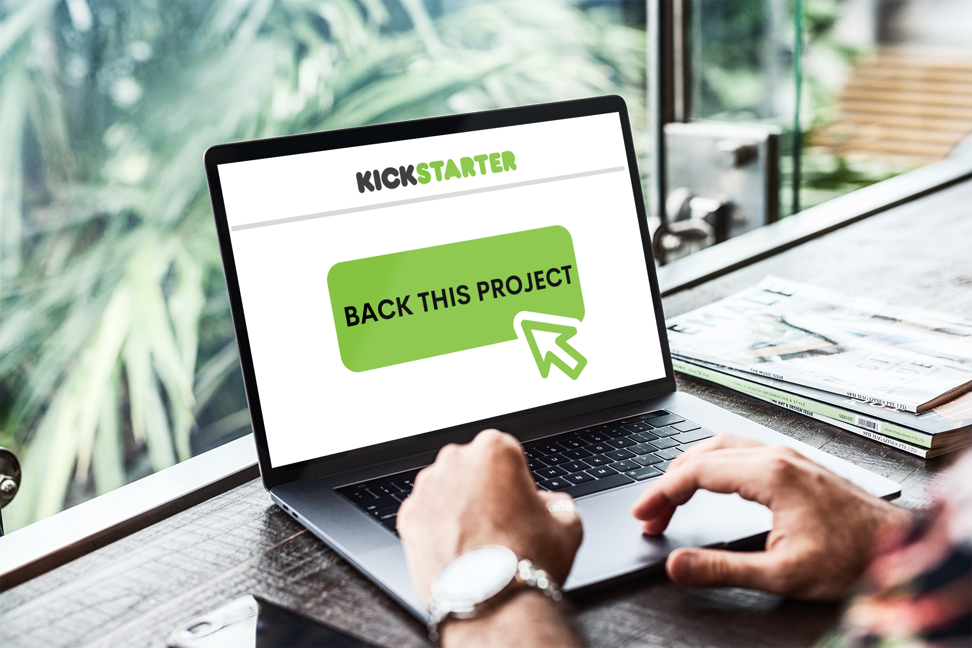 Person using a laptop selected a crowdfunding campaign on Kickstarter to back in February 2023