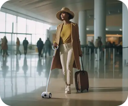 An image of a woman carrying a suitcase in one hand and using Glide with the other hand while navigating an airport.